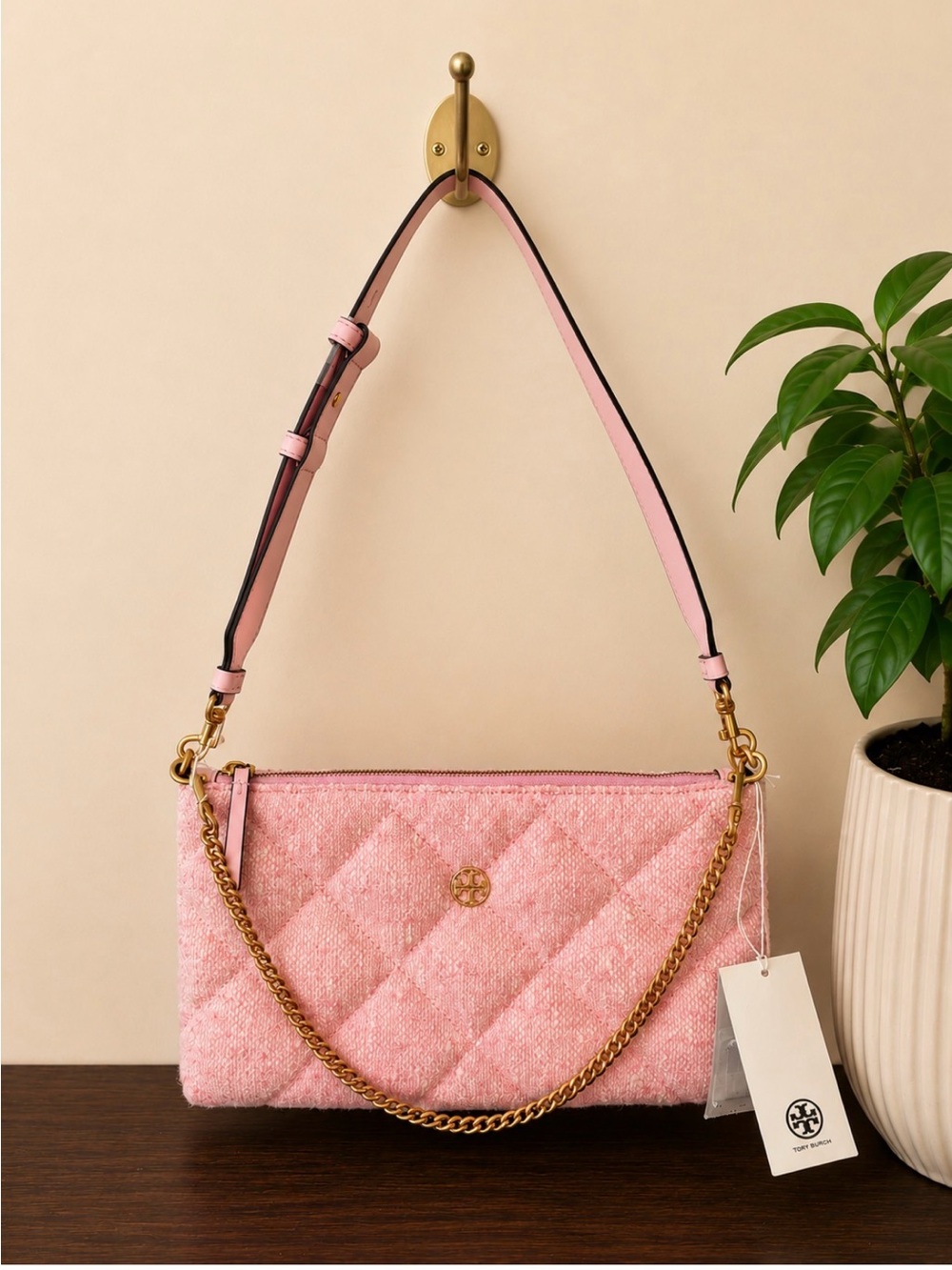 Tory Burch Pink Tweed Shoulder Bag with Gold Chain Strap